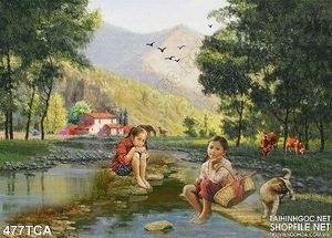 Tranh Sơn Dầu Châu Âu trẻ em bên sông