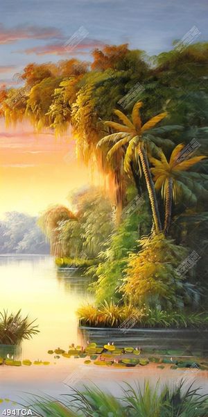 Tranh sơn dầu hoa sen trên con sông đẹp in uv
