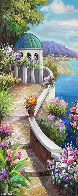 Tranh sơn dầu ban công bên bờ biển decor tường