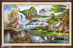 Tranh sơn dầu đồng quê phong cách Châu Âu ngôi nhà nhỏ bên thác nước