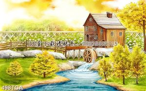 Tranh sơn dầu vườn hoa và ngôi nhà bên cối xoay nước