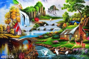 Tranh sơn dầu trang trí nội thất thác nước bên ngôi nhà nhỏ in uv