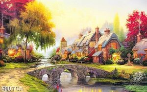 Tranh sơn dầu khu biêt thự cổ xưa bên dòng sông đẹp nhất