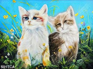 Tranh sơn dầu gắn tường 2 chú mèo trong vườn hoa đẹp nhất