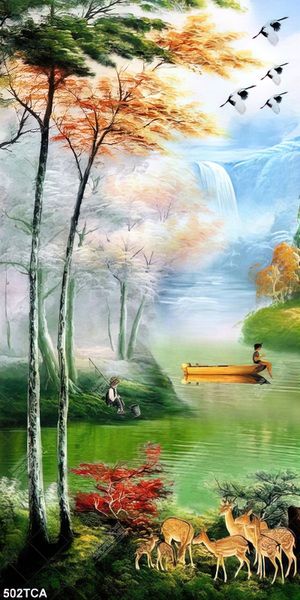 Tranh sơn dầu cậu bé câu cá bên dòng sông khổ dọc trang trí tường