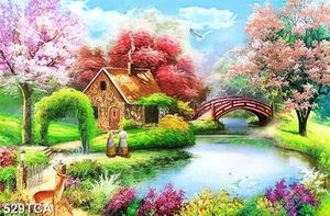 Tranh sơn dầu làng quê Châu Âu cô gái bên dòng sông trước ngôi nhà nhỏ file psd