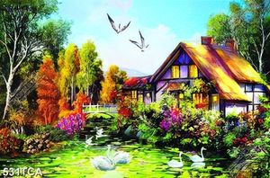 Tranh sơn dầu phong cảnh ngôi nhà và rừng cây đẹp