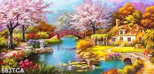 Tranh sơn dầu Châu Âu ngôi nhà nhỏ bên dòng sông xanh lãng mạng