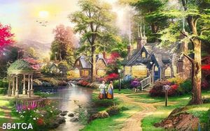 Tranh sơn dầu Châu Âu khu nhà bên dòng sông file psd