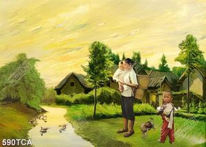 Tranh sơn dầu cảnh đồng quê mẹ bồng con in uv