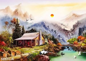 Tranh sơn dầu phong cảnh ngôi nhà gỗ dưới ngọn núi file psd