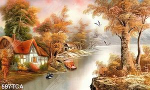 Tranh sơn dầu Châu Âu phong cảnh ngôi làng bên dòng sông