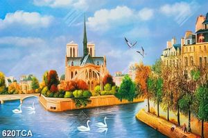 Tranh sơn dầu phong cách Châu Âu biệt thự bên dòng sông chất lượng cao