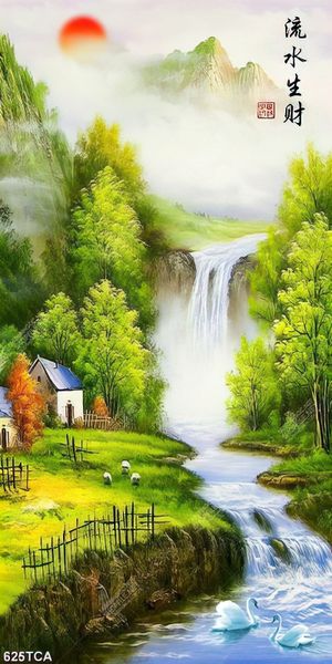 Tranh sơn dầu phong cảnh ngôi nhà bên thác nước phong thuỷ