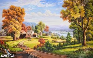 Tranh sơn dầu làng quê Châu Âu ngôi nhà nhỏ trên thảo nguyên xanh gắn tường