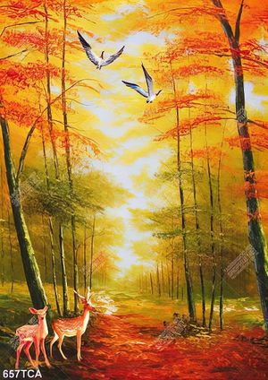 Tranh sơn dầu phong cảnh mùa thu cây lá vàng và nai trang trí tường