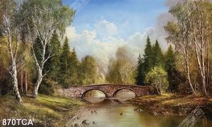 Tranh sơn dầu cây cầu bắt ngang dòng sông trong khu rừng nghệ thuật