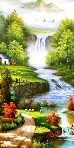 Tranh sơn dầu phong cảnh làng quê Châu Âu ngôi nhà nhỏ bên thác nước