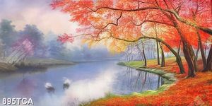 Tranh sơn dầu phong cảnh mùa thu đôi thiên nga trên hồ nước bên cây lá đỏ đẹp nhất