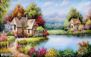 Tranh sơn dầu làng quê Châu Âu ngôi nhà bên hồ nước đẹp nhất