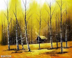 Tranh sơn dầu Châu Âu ngôi nhà gỗ bên trong khu rừng cỏ vàng nghệ thuật