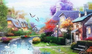Tranh sơn dầu làng quê Châu Âu những ngôi nhà bên dòng sông nhỏ