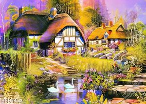 Tranh sơn dầu làng quê Châu Âu ngôi nhà bên vườn hoa và hồ nước chất lượng cao