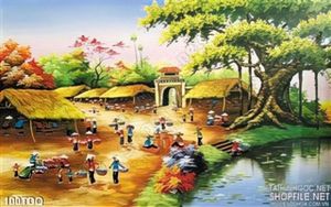 Tranh đồng quê nông thôn phiên chợ quê và cây đa lớn