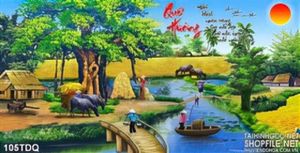 Tranh làng quê sơn dầu việt nam cây cầu