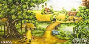 Tranh làng quê sơn dầu đẹp con đường bên ruộng lúa