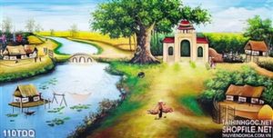 Tranh làng quê Việt Nam cái cổng làng bên cây đa