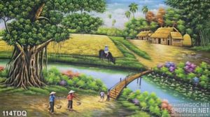 Tranh đồng quê cây đa bà ngoại đi chợ về