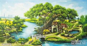 Tranh làng quê cây đa cổ thụ ngoài cổng làng
