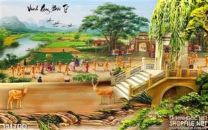 Tranh làng quê đoàn người đi vào cổng làng