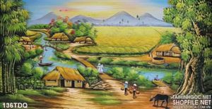 Tranh đồng quê nông thôn ruộng lúa chín rộ đẹp