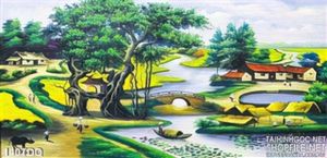 Tranh làng quê sơn dầu 3d cây đa già