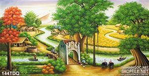 Tranh đồng quê xưa con đường mòn vào làng