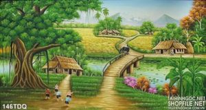 Tranh đồng quê mấy đứa nhỏ chơi đồ ngoài sân