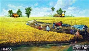 Tranh làng quê nông dân thu hoạch lúa