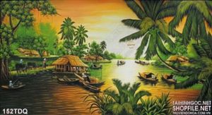 Tranh đồng quê nông thôn ngôi nhà nhỏ trên sông