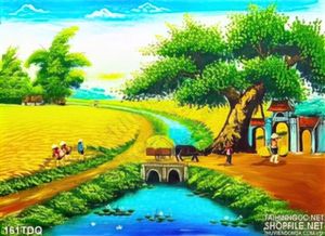 Tranh sơn dầu làng quê gặt lúa chín