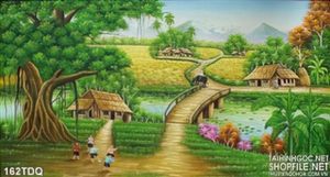 Tranh làng quê trẻ con chơi đùa trong làng