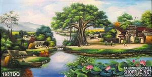 Tranh đồng quê dòng sông và cây đa lớn