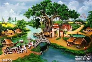 Tranh làng quê đoàn ngoài đi qua cổng làng