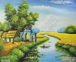 Tranh đồng quê ngôi nhà nhỏ bên cổng làng