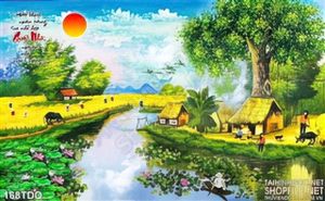 Tranh làng quê đầm sen và gia đình nhỏ bên sông