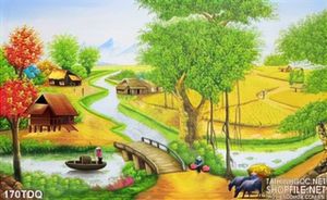 Tranh làng quê cậu bé chăn trâu 3d