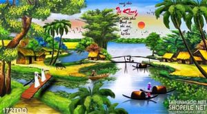 Tranh đồng quê thiếu nữ mặc áo dài qua sông