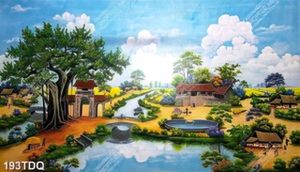 Tranh làng quê cây đa bên con sông đầu làng đẹp nhất