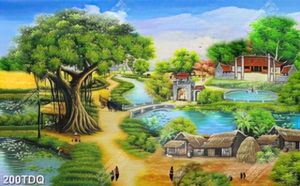 Tranh đồng quê ngôi nhà mái lá bên dòng sông bình yên